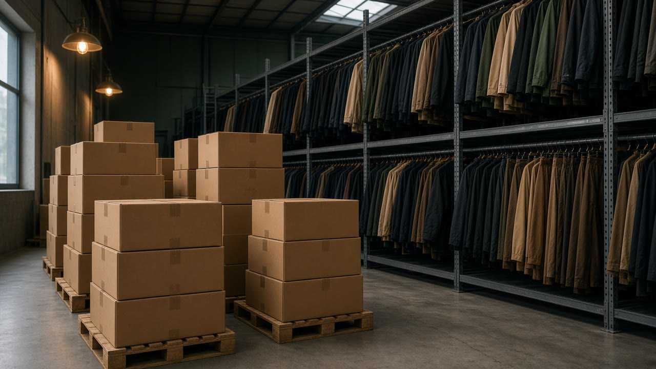Magazzino stock ordinato con capi appesi, scatole e pallet pronti per il ritiro